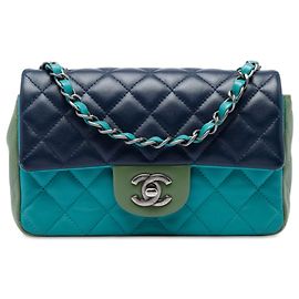 Chanel Blue Mini Rectangular Classic Tricolor Lambskin Single Flap