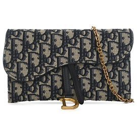 Portafoglio Saddle On Chain in tela Blue Oblique Dior