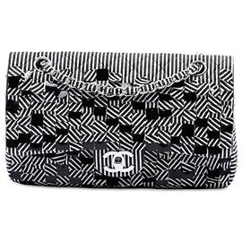 Chanel Black Medium Classic Canvas Sequin Stripes Double Flap