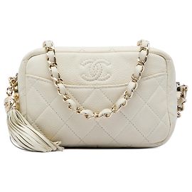 Borsa Chanel Mini Quilted Caviar Coco Tassel Camera Case bianca