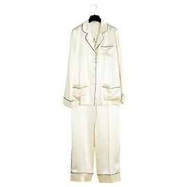 Autre Marque Olivia Von Halle Pyjama Soie FR42 Ecru Blue Silk Satin Night Ensemble UK14 US10