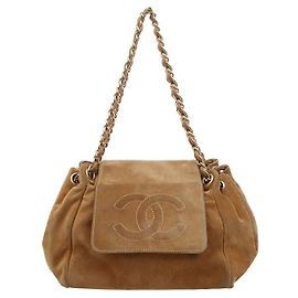 Chanel Borsa a tracolla a fisarmonica con catena in camoscio marrone