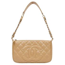 Chanel Bolsa de Ombro Beige Caviar Big CC Chain