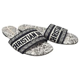 Dior White Black Flan de Paris Motif Embroidered Cotton Dway Mule Sandals
