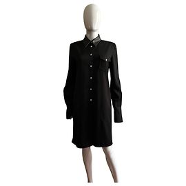 Autre Marque Abito chemisier in triacetato nera con colletto in eco pelle