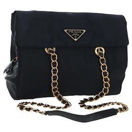 Borsa a tracolla con catena PRADA Nylon Nero Oro Auth 199857V