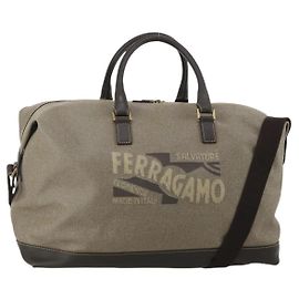 Borsa Boston Salvatore Ferragamo in tela 2way Khaki tono oro Auth BA14791