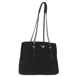 Borsa a tracolla con catena PRADA Nylon Black Silver Auth fm5438