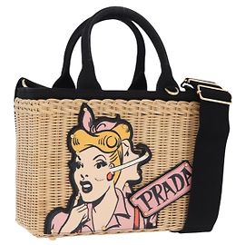 Bolso PRADA Wicker Canapa Rattan 2way Beige Gold 1BG835 Auth 198609SAM