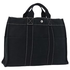 Hermès Borsa HERMES Fourre Tout MM in cotone nero argento Auth 199811