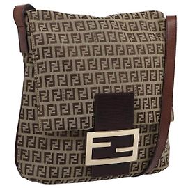 Bolsa de Ombro FENDI Zucchino Canvas Mamma Baguette Beige Gold Auth ka5997A