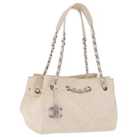 Borsa a catena CHANEL V-Stitch Icon Series Canvas Beige Silver CC Auth 201991A