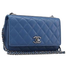 CHANEL Matelasse Trendy CC Chain Wallet Lamb Skin Blue Silver CC Auth 199460SAM