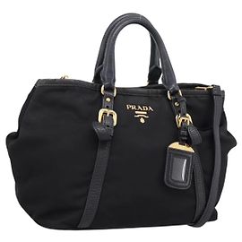 PRADA Handtasche Nylon Leder 2way Schwarz Gold Auth 199485A