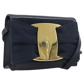 Borsa a tracolla Salvatore Ferragamo Vala Canvas Navy Gold Auth 195283