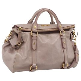 Miu Miu Vitellolux Hand Bag Leather 2way Gray Gold Auth 202277M