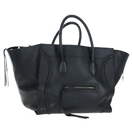 Céline Sac à main CELINE Luggage Phantom en cuir noir et or Auth fm5451M