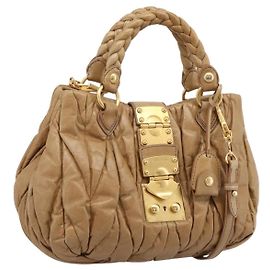 Borsa a mano Miu Miu Vitellolux Matelassé in pelle 2way Marrone Tono Oro Auth 202111V