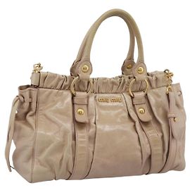 Miu Miu Hand Bag Vitello Lux Leather 2way Beige Gold Auth 201979A
