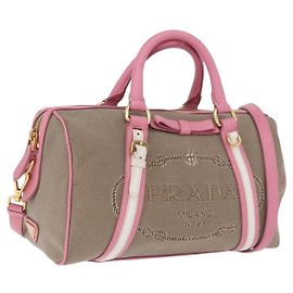 PRADA Hand Bag Jacquard 2way Beige Gold Auth 200074V