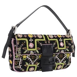 FENDI Mamma Baguette Schultertasche aus Canvas und Perlen, multicolor silber, Auth yk20784SAM