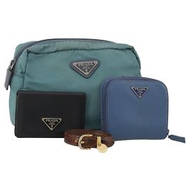 PRADA Bolsas Nylon Couro Conjunto de 4 Azul Preto Castanho Auth 190016