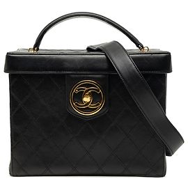 Chanel CC Vanity Case Satchel aus gestepptem Lammleder in Schwarz mit oberem Griff