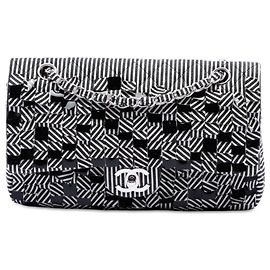 Borsa a tracolla Chanel Medium Classic Canvas Sequin Stripes Double Flap nera
