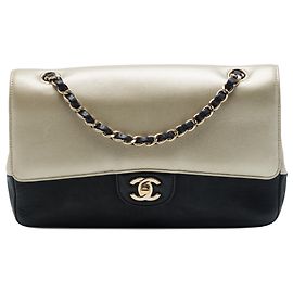 Gold Chanel Medium Classic Bicolor Caviar und irisierendes Kalbsleder Double Flap Schultertasche