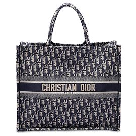 Borsa Book Tote Dior Large in tela ricamata Oblique Blu