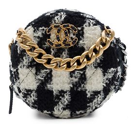 Pochette ronde Chanel 19 en tweed blanc avec chaîne et porte-monnaie satchel