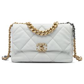 Borsa Chanel 19 Flap Satchel Large in pelle di agnello bianca