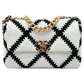 Borsa Chanel 19 Flap Satchel Medium in pelle di vitello crochet bianca
