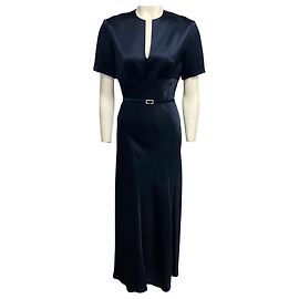Autre Marque Monique Lhuillier dunkelblaues Maxikleid aus Seidensatin mit kurzen Ärmeln und Strassgürtel