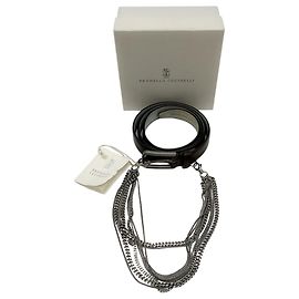 Cintura in pelle marrone Brunello Cucinelli con decorazioni a catena argento multiple