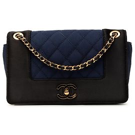 Blue Chanel Small Bicolor Quilted Grosgrain Satin Small Mademoiselle Double Flap Shoulder Bag