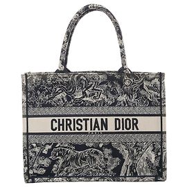 Christian Dior Book Tote Medium Toile Dior Oblique Embroidery Canvas Shoulder Bag Navy Blue