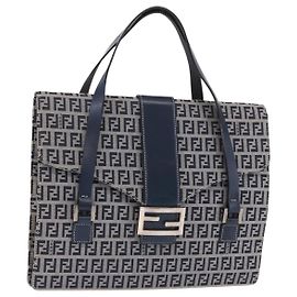 FENDI Zucchino Canvas Mamma Baguette Hand Bag Navy Silver