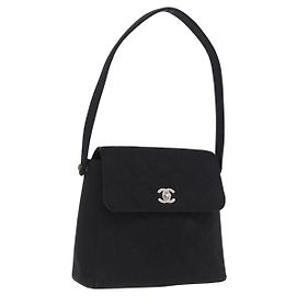 CHANEL Matelasse Hand Bag Cotton Black Silver CC