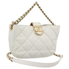 CHANEL Bolsa de Ombro Matelassé com Corrente em pele de cordeiro 2way White Gold CC