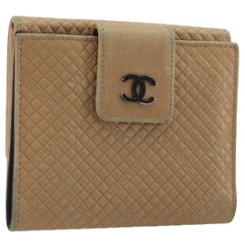 CHANEL Choco Bar line Wallet Leather Beige CC