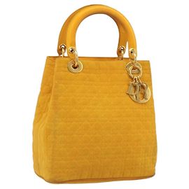 Christian Dior Lady Dior Hand Bag Canvas Yellow Gold Tone