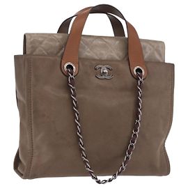 CHANEL Matelasse Chain Hand Bag Leather 2way Brown Silver CC