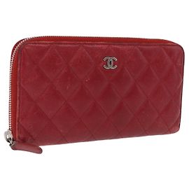 CHANEL Matelasse Long Wallet Lamb Skin Red Silver CC