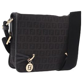 FENDI Zucchino Canvas Shoulder Bag Black Gold