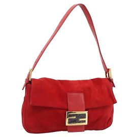 FENDI Mamma Baguette Shoulder Bag Suede Red Gold