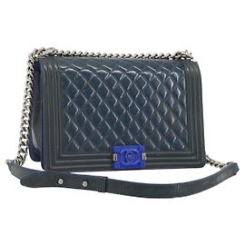 CHANEL Matelasse Boy Chanel Chain Bag Patent Leather Blue Silver CC