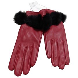 Autre Marque Guanti in pelle rossa e pelliccia nera Etéreo