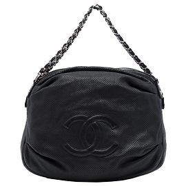 Chanel Black Perforated Lambskin Baseball Spirit Ligne Hobo