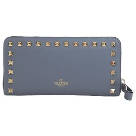Portafoglio lungo Valentino Rockstud con zip in pelle blu